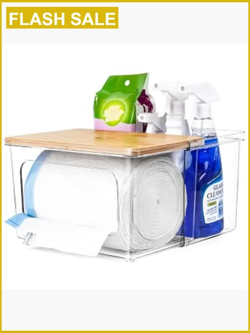 Trash Bag Dispenser Holder 2-in-1 Acrylic Under Sink Organizer with Bamboo Lid